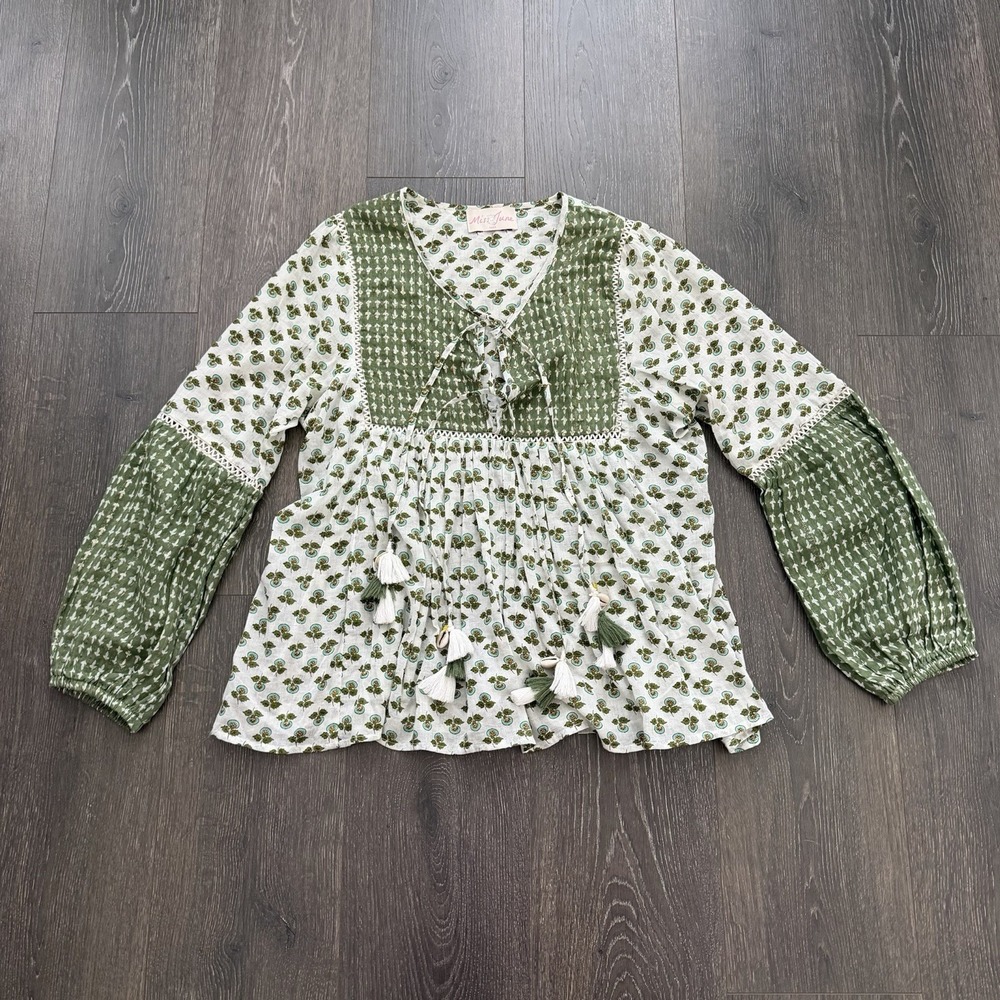 Miss June Paris Blouse‎ S/M Peasant Tassel Whimsy Boho Green Patchwork Gypsy Top